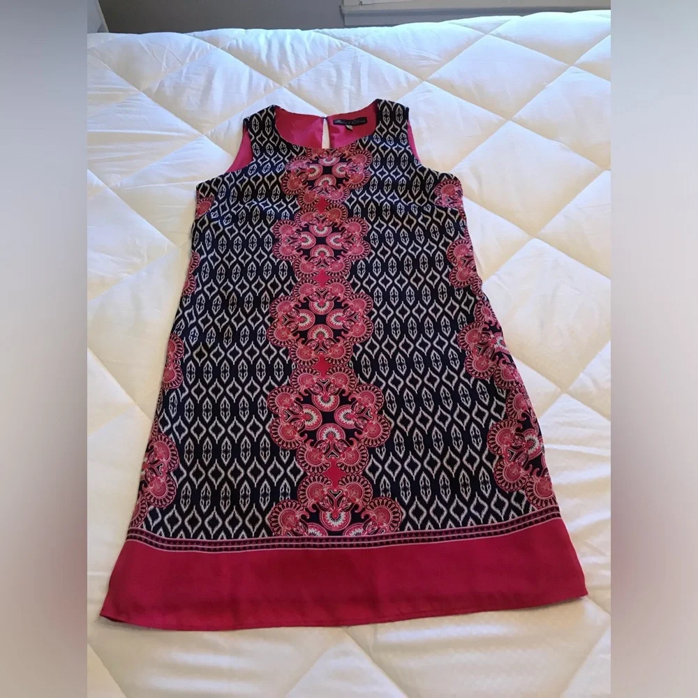 Rose + Olive Pink and Blue Ikat Print Summer Dress. - Picture 6 of 8